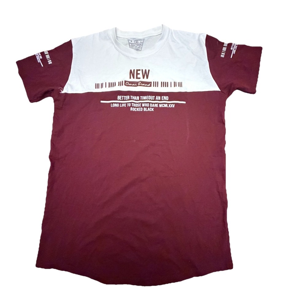 Omor Brand Graphic T-Shirt Men's Medium Maroon White Barcode Streetwear‎ Tee